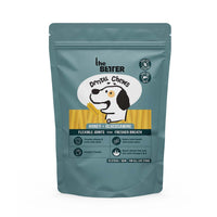 A package of The Better brand dental chews for dogs, featuring honey and glucosamine. The packaging is green with an illustration of a dog and chews, and text detailing product benefits such as flexible joints, fresh breath, and omega 3 & 6.