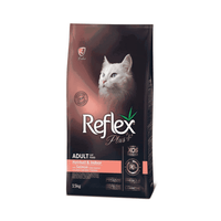 Package of Reflex Plus cat food with a white cat on a white background
