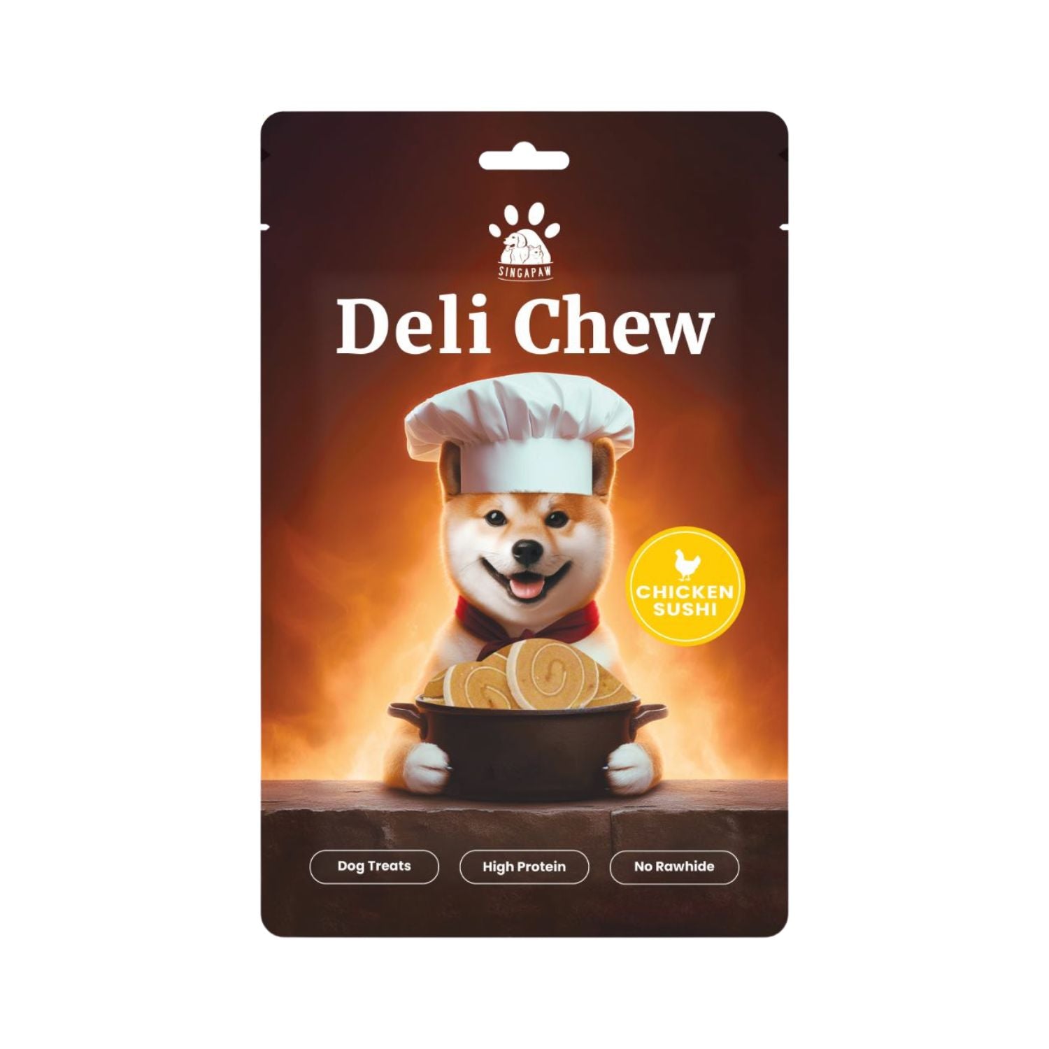 Deli Chew dog treat package with a cartoon dog chef on a white background