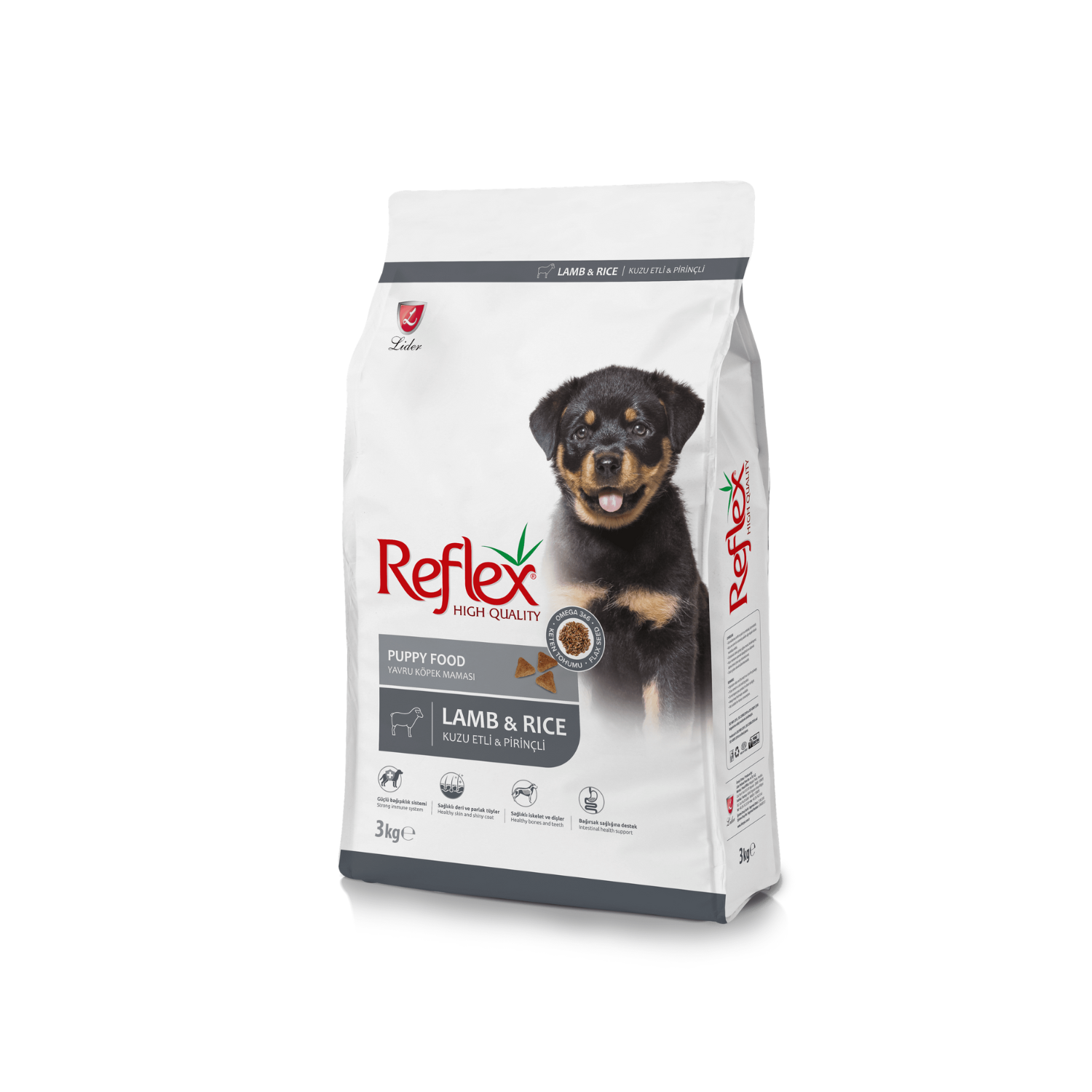 A bag of Reflex Puppy Food with Lamb & Rice. The packaging is predominantly white with a picture of a black puppy on the front and product details.