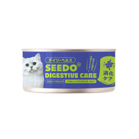 Cat food can with blue label featuring a white cat on a white background