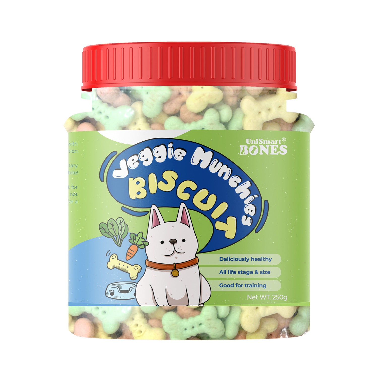 Jar of Veggie Munchies Biscuits for pets with a red lid on a white background