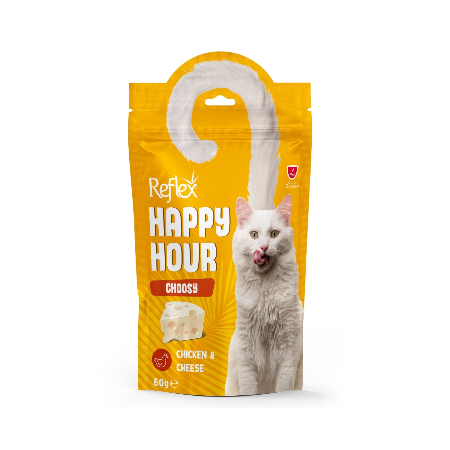 Yellow Reflex Happy Hour cat food package with a cat on a white background