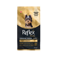 Dog food package for Yorkshire Terrier puppies by Reflex on a white background