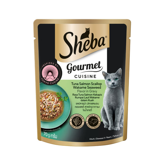 Sheba Gourmet Cuisine Tuna, Salmon, Scallop Wakame Seaweed in Gravy Pouch Cat Food