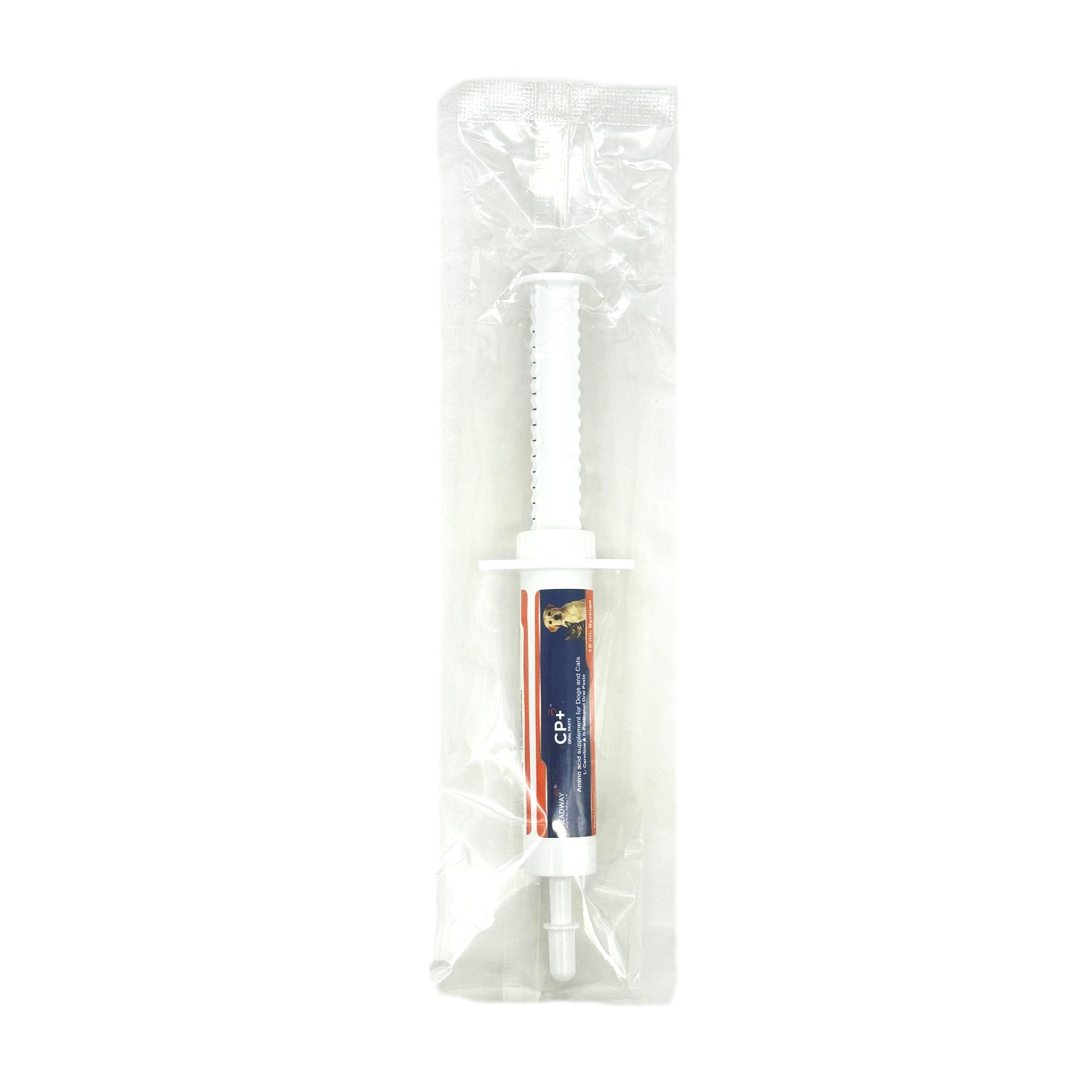 White syringe with a blue label in clear packaging on a white background