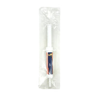 White syringe with a blue label in clear packaging on a white background