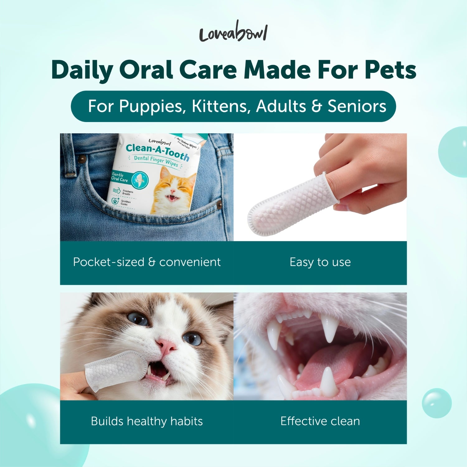 Loveabowl Clean-A-Tooth Dental Finger Wipes for Cats