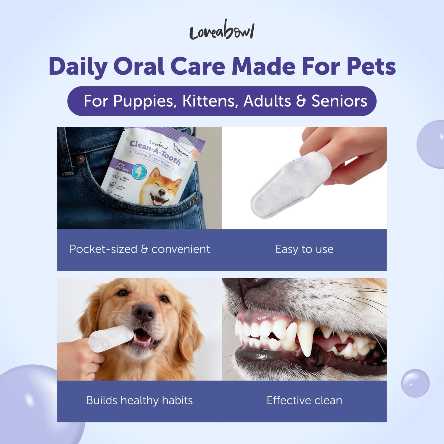 Loveabowl Clean-A-Tooth Dental Finger Wipes for Dogs