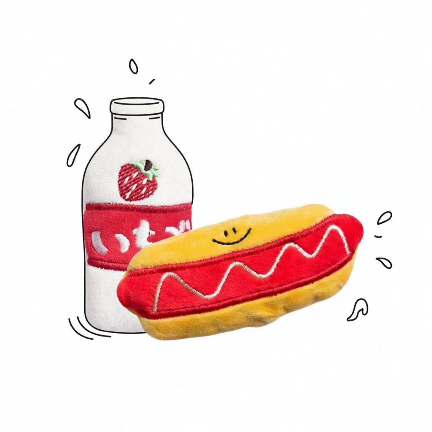 Ps HighTea Strawberry Milk & HotDog Bun Duo Plush Squeaky Dog Toy Set