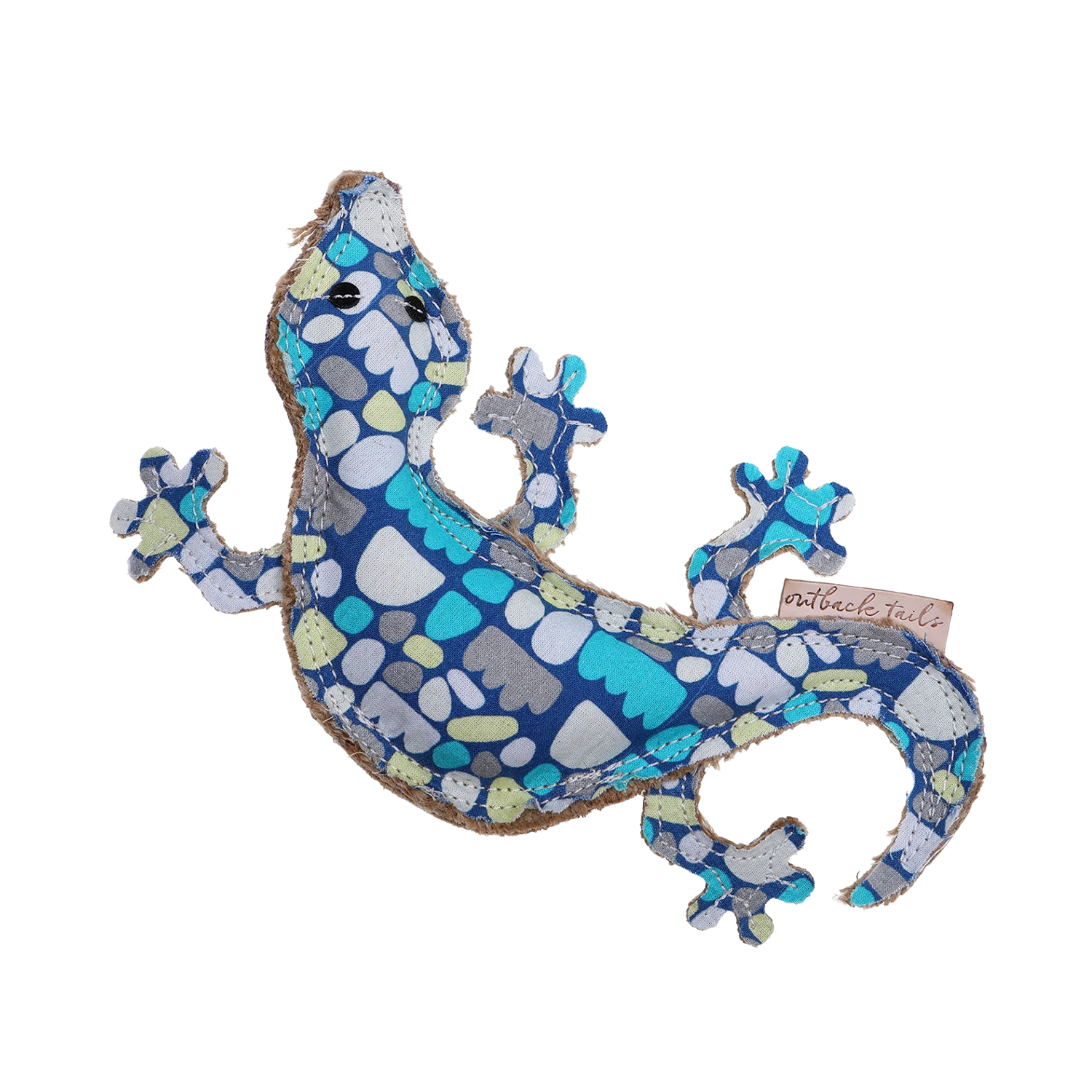 A plush dog toy designed to resemble a goanna, with a vibrant blue and green color pattern and a textured tail.