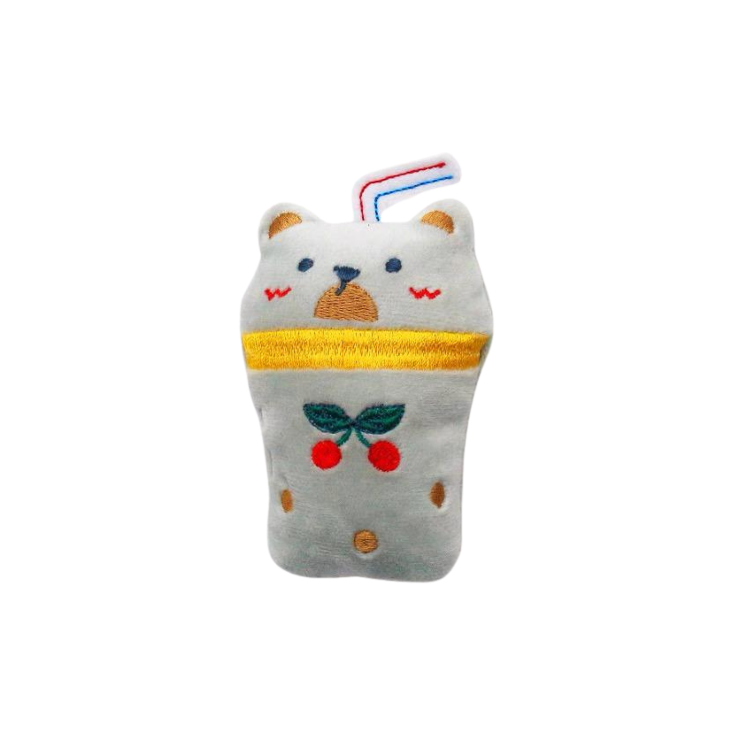Plush toy resembling a bear with a straw and cherry design