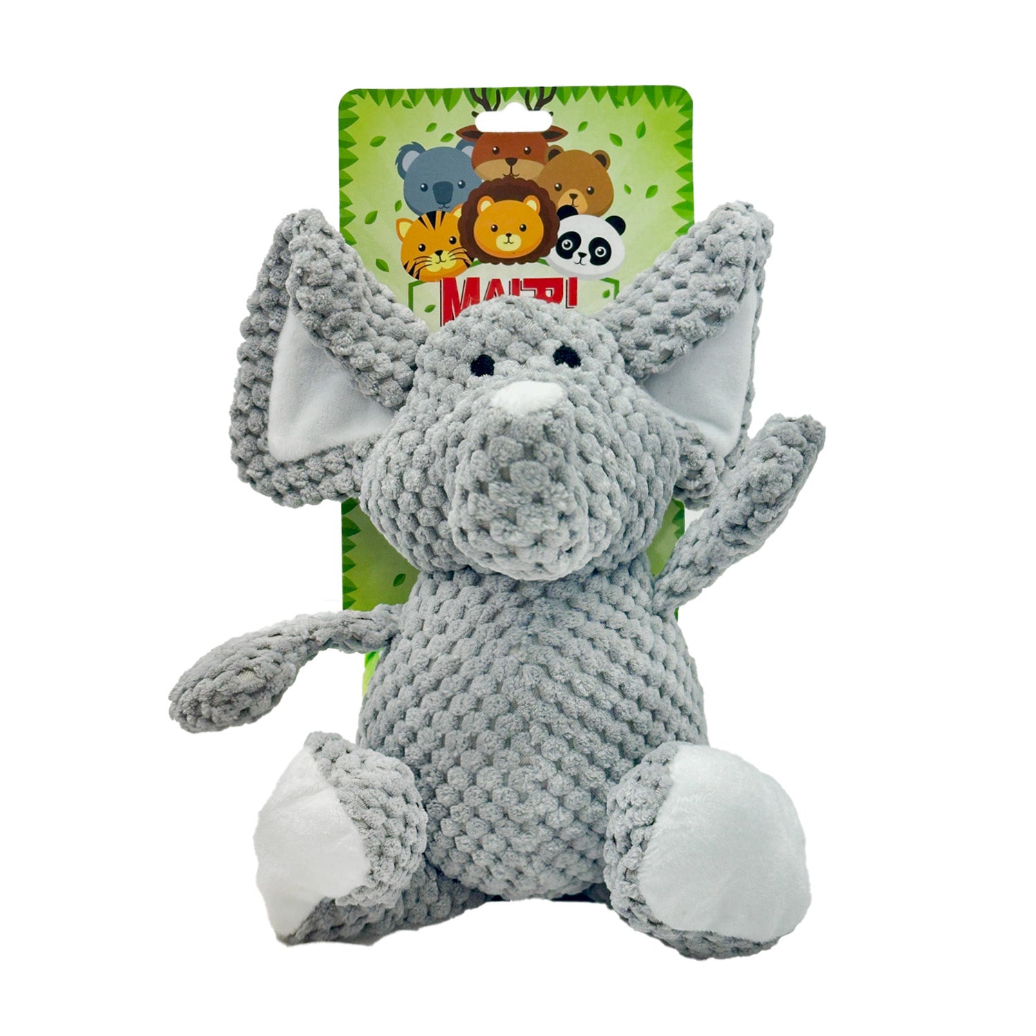 Gray elephant plush toy on a white background