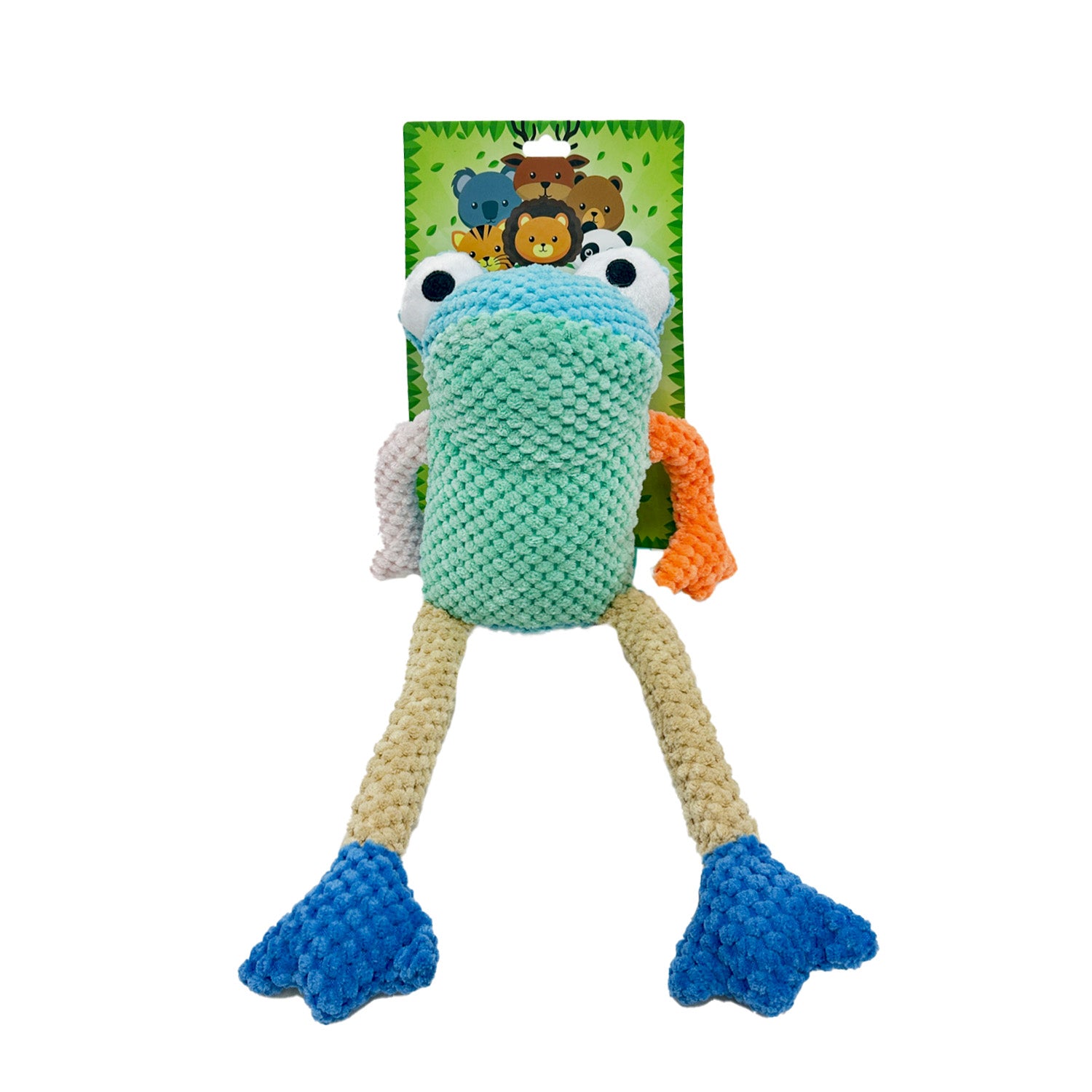 Knitted frog toy with colorful legs on a white background