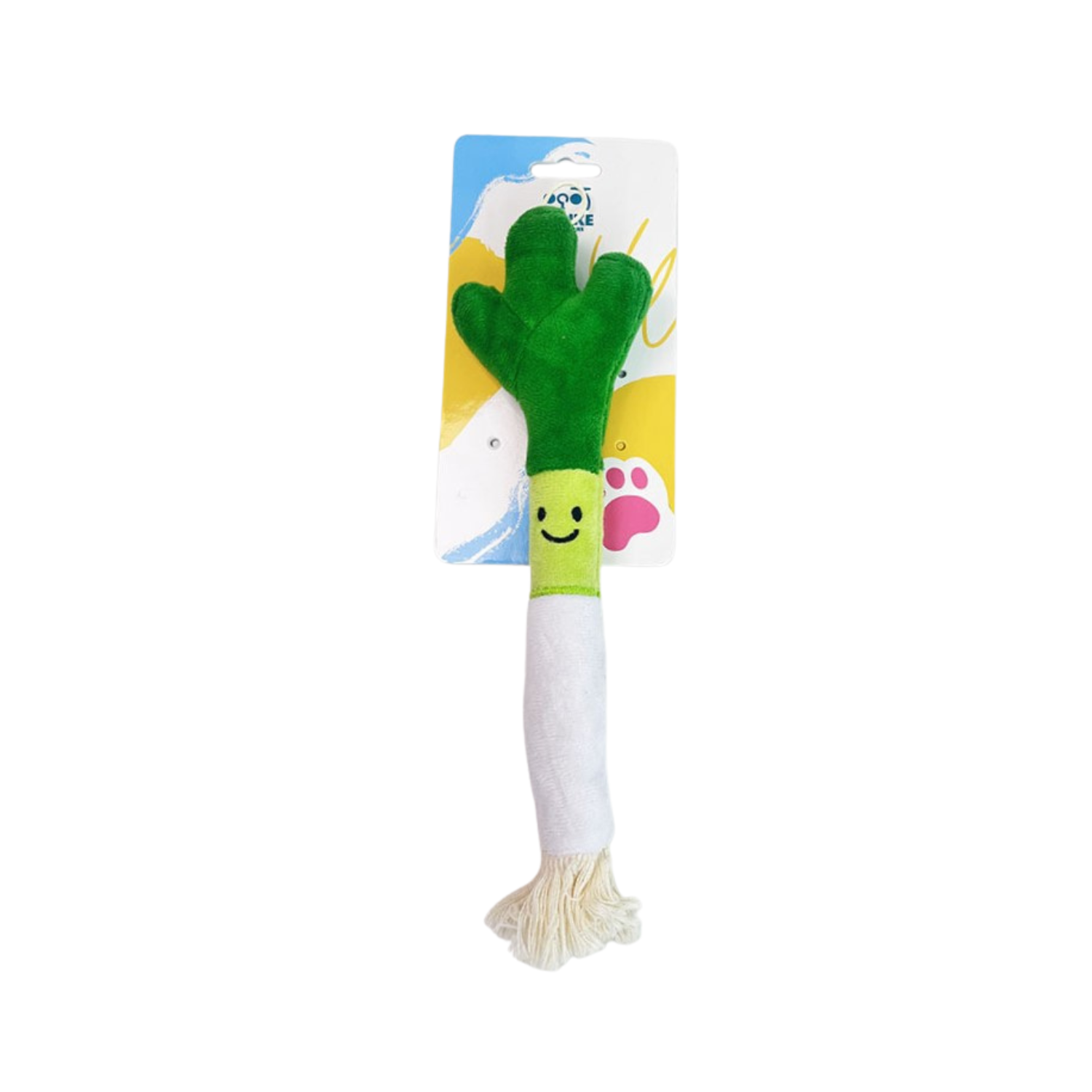 Leek plush toy with a happy face on a white background