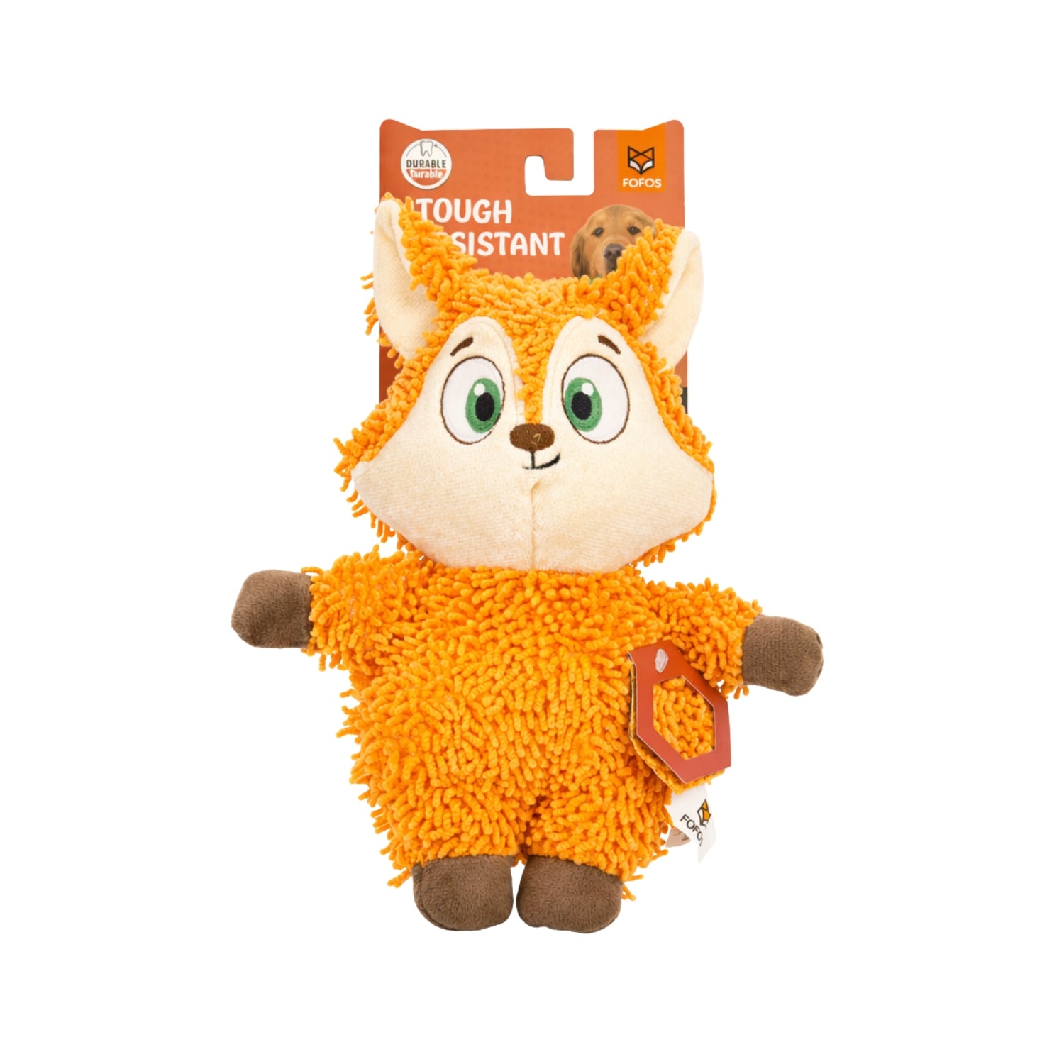 Plush fox toy with packaging on a white background