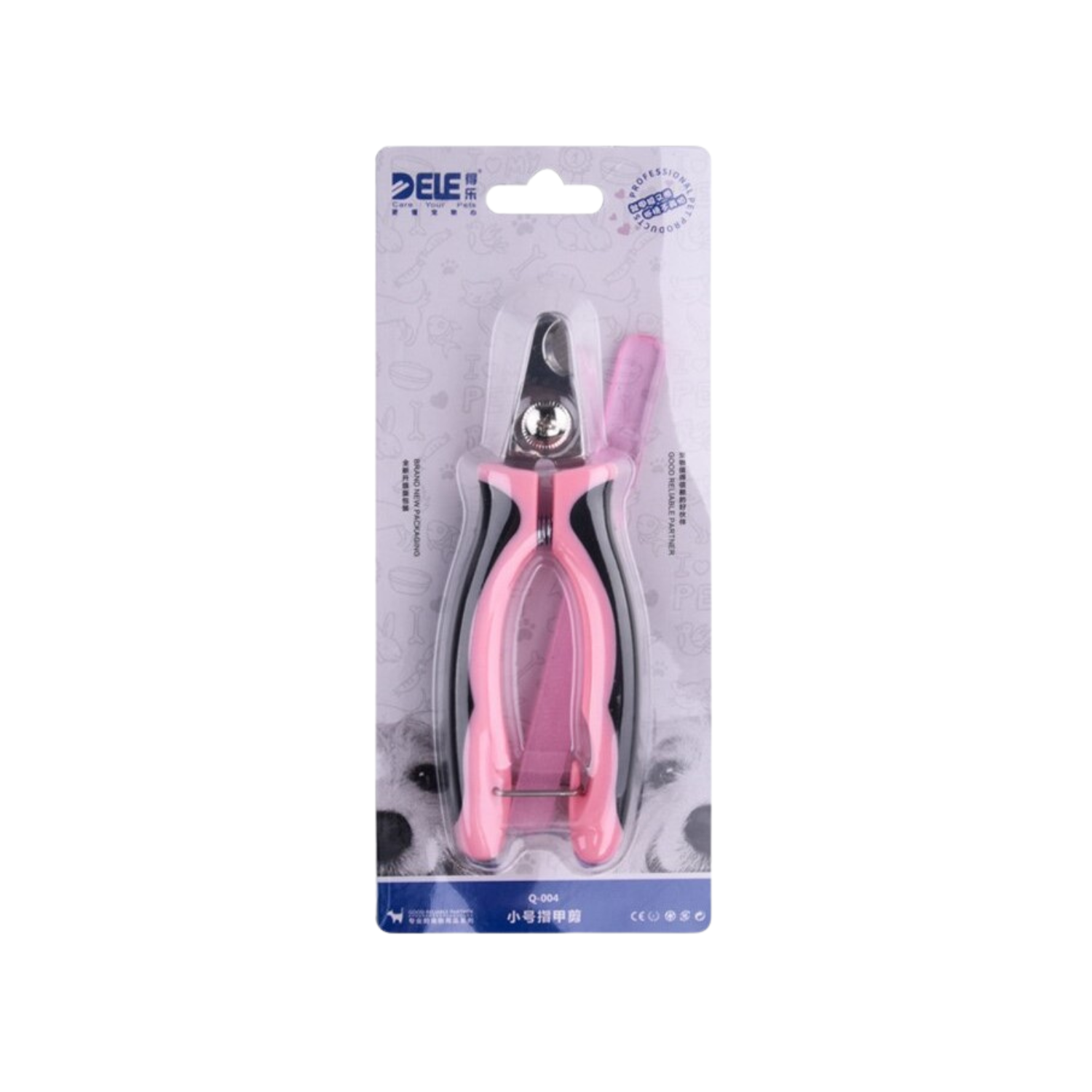Pink pet nail clippers in packaging with 'DELE' branding on a white background