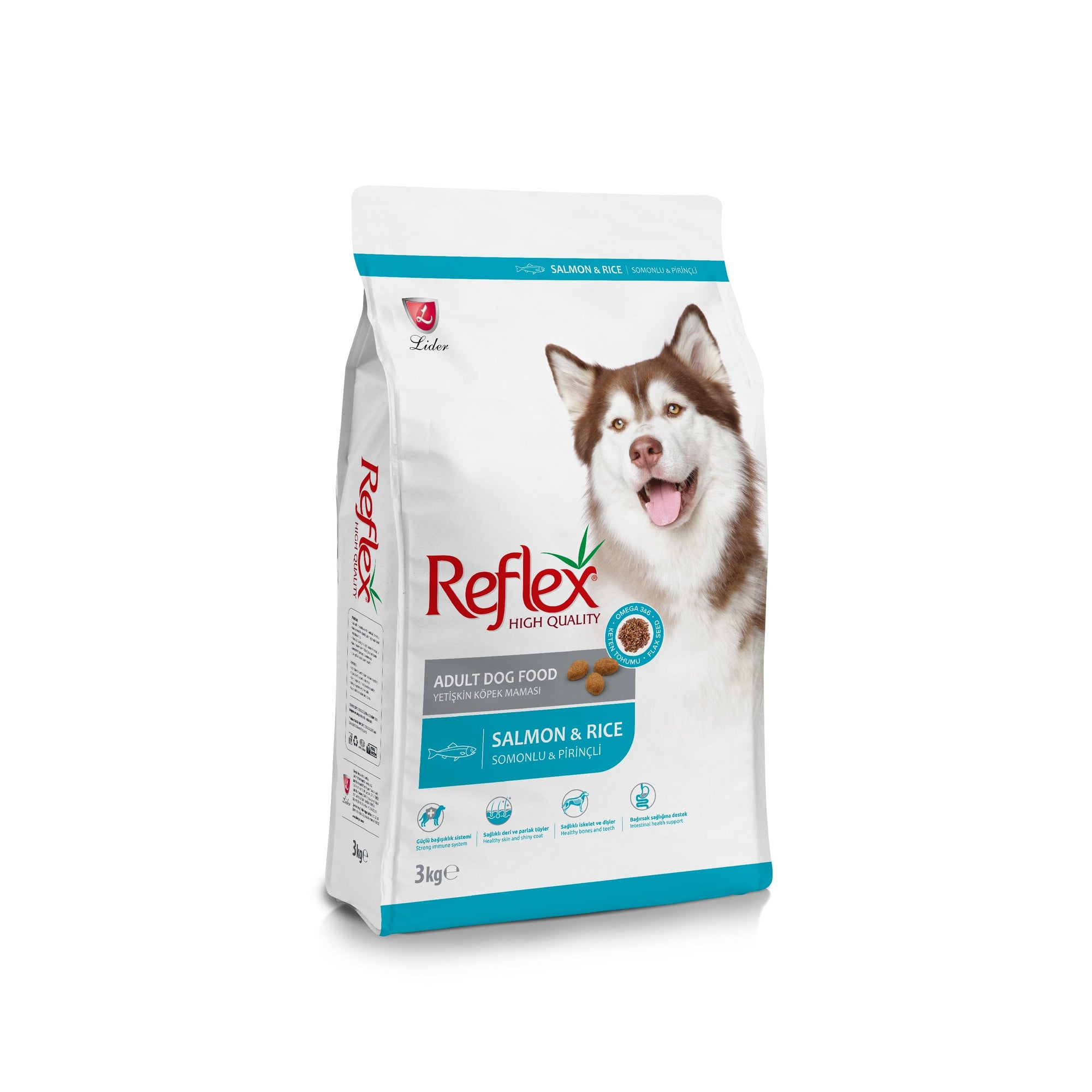 A bag of Reflex Adult Dog Food with a picture of a dog on the packaging.