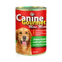 A can of Canine Gourmet wet dog food featuring chicken chunks with lamb and carrot. The can is 750g net weight and has an image of a happy dog on the label.