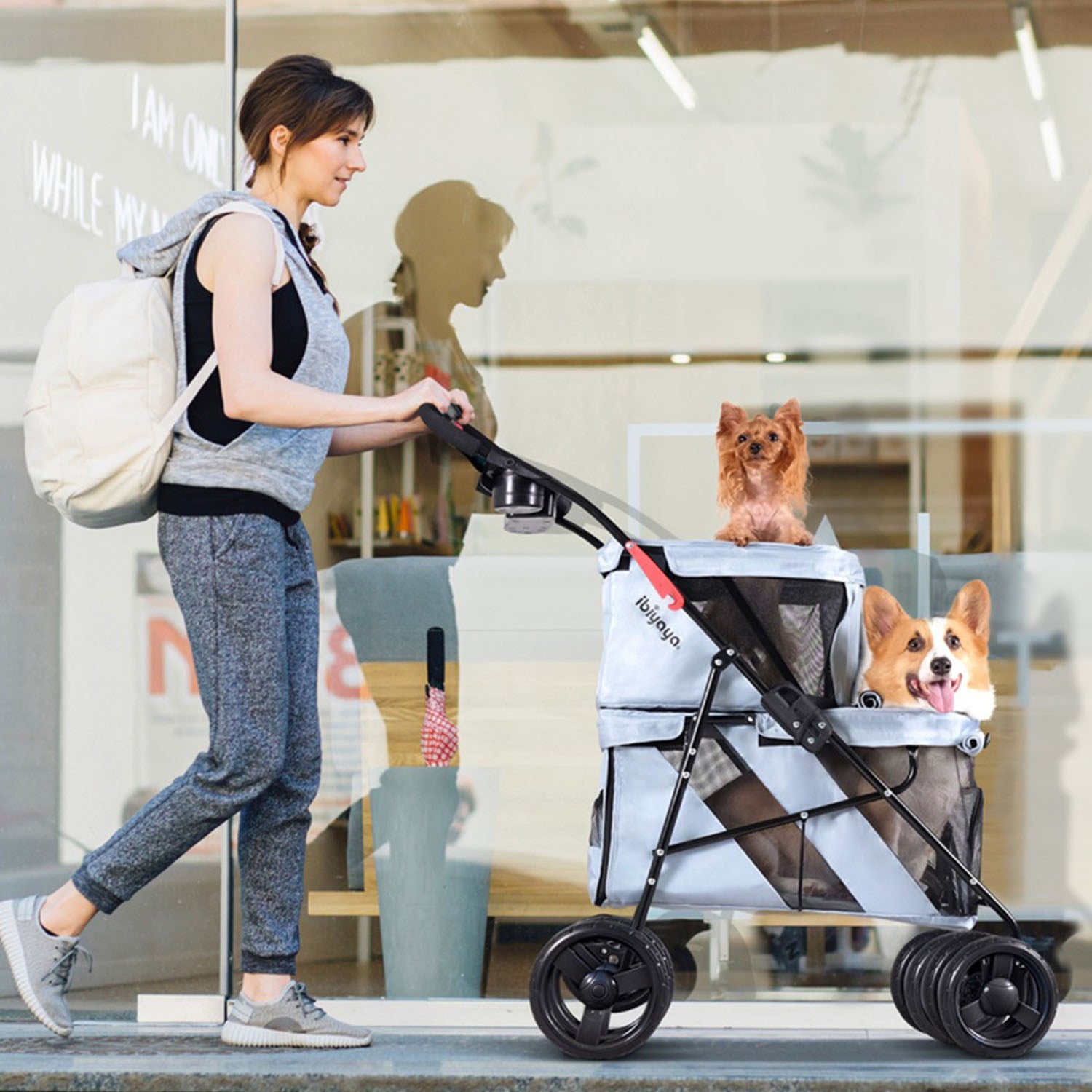 Ibiyaya Double Decker Pet Bus Stroller Silver Grey Pets Station
