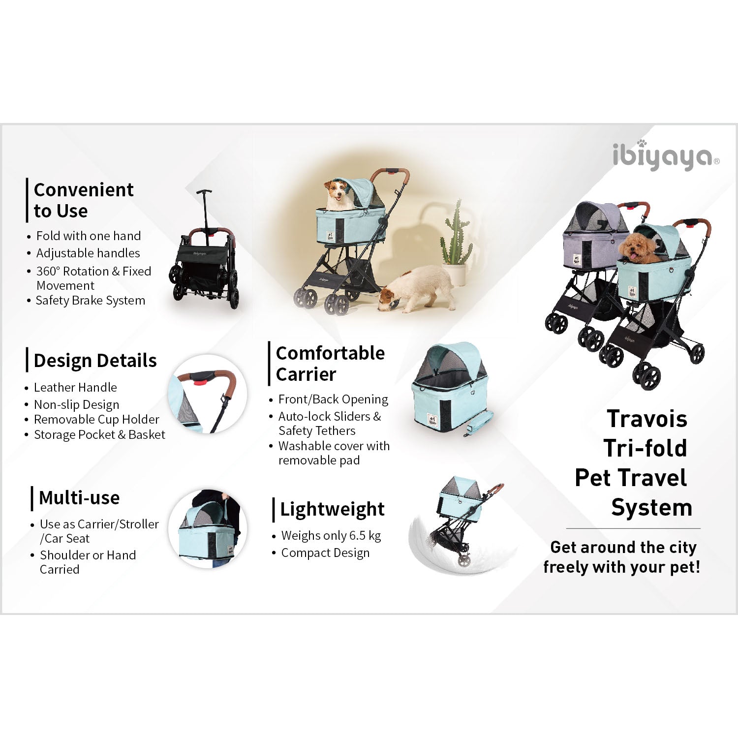 Ibiyaya Travois Tri-fold Pet Travel System (Nimbus Grey)