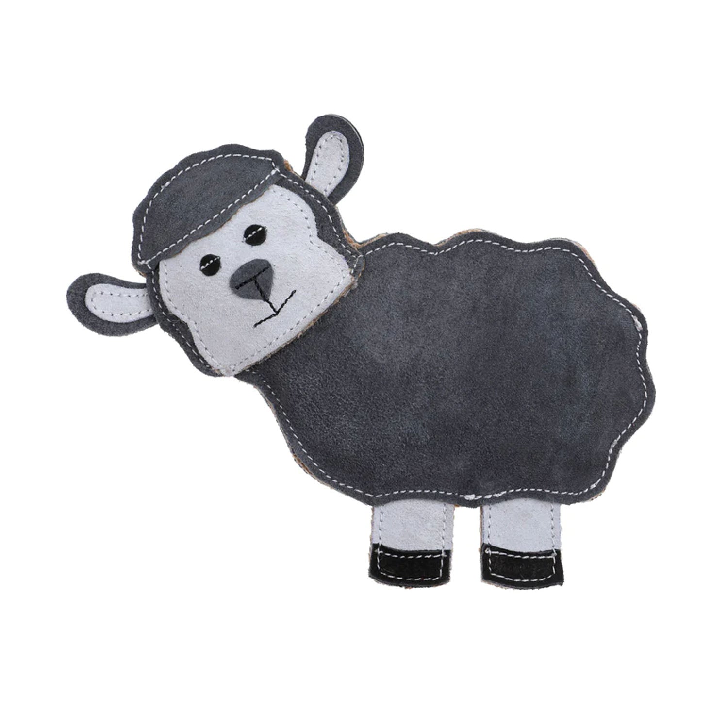 A plush dog toy designed to look like a sheep, with natural felt body and jute details, including a rope and a squeak.