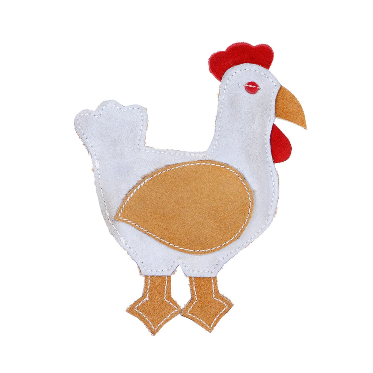 A plush dog toy in the shape of a chicken with a white body, beige wings, and red comb.