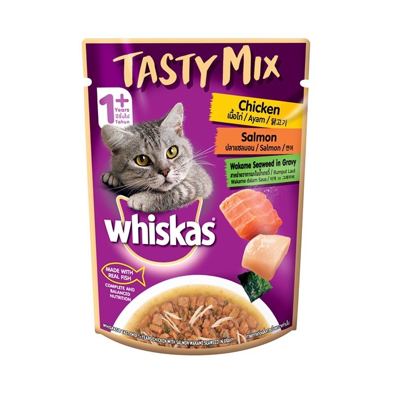 Whiskas Tasty Mix Chicken And Salmon With Wakame Seaweed In Gravy Pouch Wet Cat Food 70g